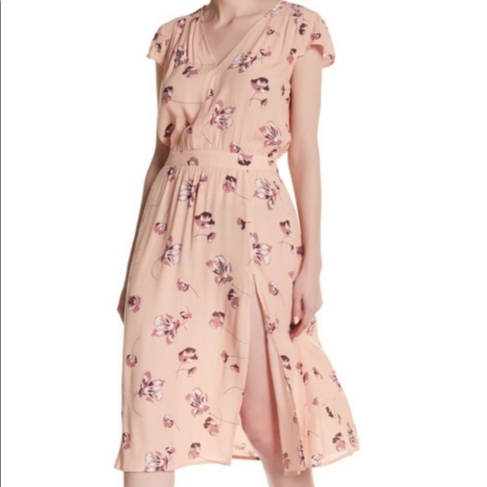 Free Press Women's Midi Blush Short Sleeve Split  Floral Dress, Size Large